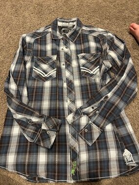 Buckle Men's Brown and Blue Plaid Button-Down Shirt